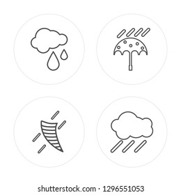4 line Raindrops, Tornado, Umbrella, Rain modern icons on round shapes, Raindrops, Tornado, Umbrella, Rain vector illustration, trendy linear icon set.