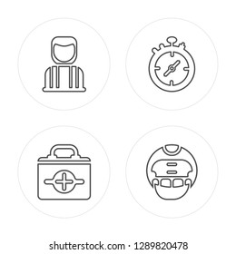 4 line Referee, First Aid Kit, Stopwatch modern icons on round shapes, Referee, First Aid Kit, Stopwatch, American Football Helmet vector illustration, trendy linear icon set.