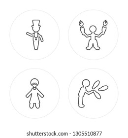 4 line Ringmaster man, Bearded man, Acrobat man, Juggler man modern icons on round shapes vector illustration, trendy linear icon set.