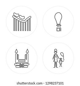 4 line Roller coaster, Bouncy castle, Hot air balloon, Family modern icons on round shapes, Roller coaster, Bouncy castle, Hot air balloon, Family vector illustration, trendy linear icon set.
