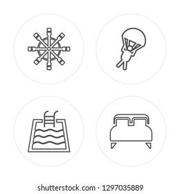 4 line Rudder, Swimming pool, Parachute, Bed modern icons on round shapes, Rudder, Swimming pool, Parachute, Bed vector illustration, trendy linear icon set.