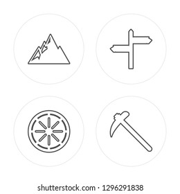 4 line Saloon, Directional, Mountain, Wheel modern icons on round shapes, Saloon, Directional, Mountain, Wheel vector illustration, trendy linear icon set.