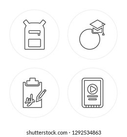 4 line School bag,  , Graduation's Music, Tablet modern icons on round shapes, School bag,  , Graduation's Music, Tablet vector illustration, trendy linear icon set.