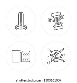 4 line Scissors, Sewing thimble, Thread, Pin cushion modern icons on round shapes, Scissors, Sewing thimble, Thread, Pin cushion vector illustration, trendy linear icon set.