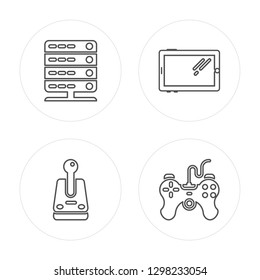 4 line Server, Joystick, Tablet, Game controller modern icons on round shapes, Server, Joystick, Tablet, Game controller vector illustration, trendy linear icon set.