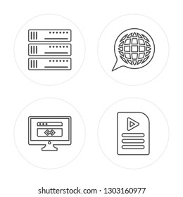 4 line Server, Screen, Social media, Video modern icons on round shapes, Server, Screen, Social media, Video vector illustration, trendy linear icon set.