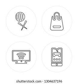 4 line Sewing, Tv, Shopping bag, Game modern icons on round shapes, Sewing, Tv, Shopping bag, Game vector illustration, trendy linear icon set.
