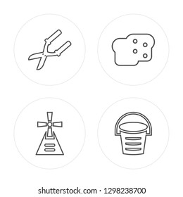 4 line Shears, Windmill, Bread, Bucket modern icons on round shapes, Shears, Windmill, Bread, Bucket vector illustration, trendy linear icon set.