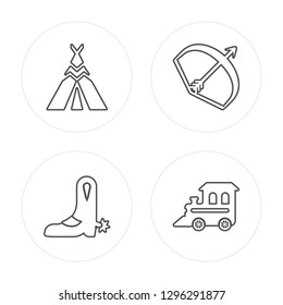 4 line Sheriff, Tipi, Cattle skull, Bow modern icons on round shapes, Sheriff, Tipi, Cattle skull, Bow vector illustration, trendy linear icon set.