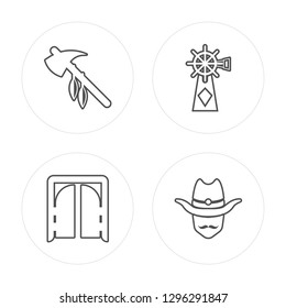 4 line Sheriff, Tomahawk, Sheriff, Mill modern icons on round shapes, Sheriff, Tomahawk, Sheriff, Mill vector illustration, trendy linear icon set.