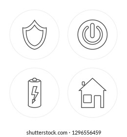4 line Shield, Battery, Power, Home modern icons on round shapes, Shield, Battery, Power, Home vector illustration, trendy linear icon set.