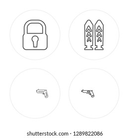 4 line Shield, Gun, Bullets, Revolver modern icons on round shapes, Shield, Gun, Bullets, Revolver vector illustration, trendy linear icon set.