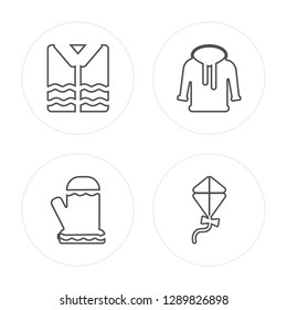 4 line Shirt, Glove, Hoodie, Kite modern icons on round shapes, Shirt, Glove, Hoodie, Kite vector illustration, trendy linear icon set.