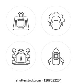 4 line Shopping bag, Secure data, Brain, Rocket modern icons on round shapes, Shopping bag, Secure data, Brain, Rocket vector illustration, trendy linear icon set.