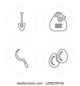 4 line Shovel, Sickle, Oat, Eggs modern icons on round shapes, Shovel, Sickle, Oat, Eggs vector illustration, trendy linear icon set.