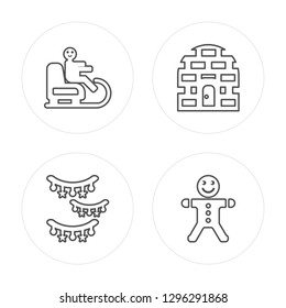 4 line Sled, Lights, Igloo, Gingerbread man modern icons on round shapes, Sled, Lights, Igloo, Gingerbread man vector illustration, trendy linear icon set.