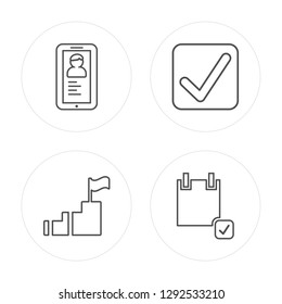 4 line Smartphone app, steps to complete, Check mark modern icons on round shapes, Smartphone app, steps to complete, Check mark, Application form vector illustration, trendy linear icon set.