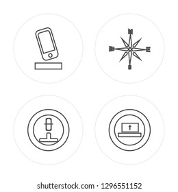 4 line Smartphone, Microphone, Wind rose, Upload modern icons on round shapes, Smartphone, Microphone, Wind rose, Upload vector illustration, trendy linear icon set.
