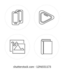 4 line Smartphone, Pic, Play, Book modern icons on round shapes, Smartphone, Pic, Play, Book vector illustration, trendy linear icon set.