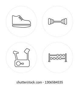 4 line Sneakers, Stationary bike, Dumbbell, Dumbbells modern icons on round shapes, Sneakers, Stationary bike, Dumbbell, Dumbbells vector illustration, trendy linear icon set.