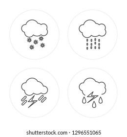 4 line Snowy, Storm, Rainy, Storm modern icons on round shapes, Snowy, Storm, Rainy, Storm vector illustration, trendy linear icon set.