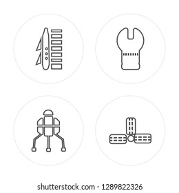 4 line Spaceport, Space Lander, Big Telescope, Big Satellite modern icons on round shapes, Spaceport, Space Lander, Big Telescope, Big Satellite vector illustration, trendy linear icon set.