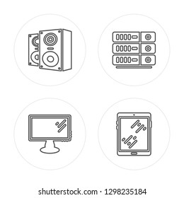 4 line Speakers, Television, Server, Tablet modern icons on round shapes, Speakers, Television, Server, Tablet vector illustration, trendy linear icon set.