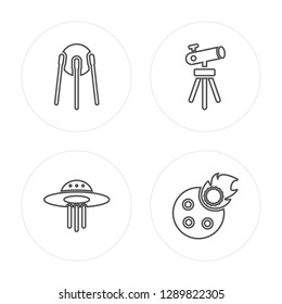 4 line Sputnik, UFO, Telescope Pointing Up, Meteorite Falling modern icons on round shapes, Sputnik, UFO, Telescope Pointing Up, Meteorite Falling vector illustration, trendy linear icon set.