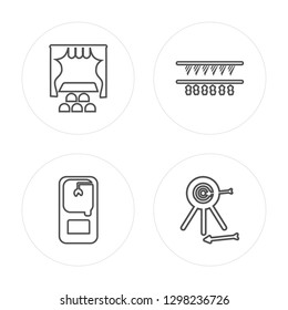 4 line Stage, Toy machine, Garlands, Darts modern icons on round shapes, Stage, Toy machine, Garlands, Darts vector illustration, trendy linear icon set.