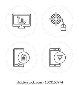 4 line Stats, Tags, Targeting, Funnel modern icons on round shapes, Stats, Tags, Targeting, Funnel vector illustration, trendy linear icon set.