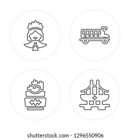 4 line Statue of liberty, French fries, School bus, Golden state modern icons on round shapes, Statue of liberty, French fries, School bus, Golden state vector illustration, trendy linear icon set.