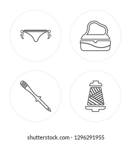 4 line String bikini, Eyes makeup pencils, Female handbag modern icons on round shapes, String bikini, Eyes makeup pencils, Female handbag, Yarn spool vector illustration, trendy linear icon set.