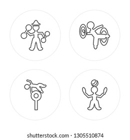 4 line Strongman man, Trapeze artist man, Hoop man, Juggler man modern icons on round shapes,vector illustration, trendy linear icon set.