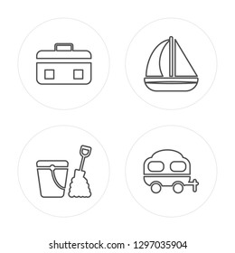 4 line Suitcase, Sand bucket, Sailboat, Caravan modern icons on round shapes, Suitcase, Sand bucket, Sailboat, Caravan vector illustration, trendy linear icon set.