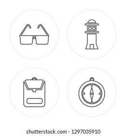 4 line Sunglasses, Backpack, Lighthouse, Compass modern icons on round shapes, Sunglasses, Backpack, Lighthouse, Compass vector illustration, trendy linear icon set.