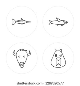4 line Swordfish, Bison, Pike, Capybara modern icons on round shapes, Swordfish, Bison, Pike, Capybara vector illustration, trendy linear icon set.