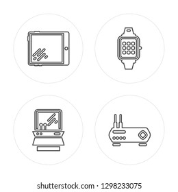 4 line Tablet, Game console, Smartwatch, Router modern icons on round shapes, Tablet, Game console, Smartwatch, Router vector illustration, trendy linear icon set.