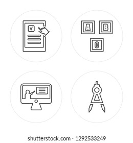 4 line Tactile tablet, Educational video, Creche modern icons on round shapes, Tactile tablet, Educational video, Creche, Draw with compass vector illustration, trendy linear icon set.