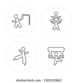 4 line Tamer man, Stilt walker man, Circus stunt man, Acrobat man modern icons on round shapes vector illustration, trendy linear icon set.