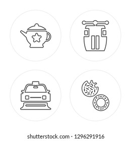 4 line Teapot, Snowplow, Cable car cabin, Cookies modern icons on round shapes, Teapot, Snowplow, Cable car cabin, Cookies vector illustration, trendy linear icon set.