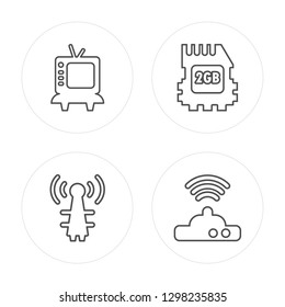 4 line Television, Antenna, Memory Card, Wifi Modem modern icons on round shapes, Television, Antenna, Memory Card, Wifi Modem vector illustration, trendy linear icon set.