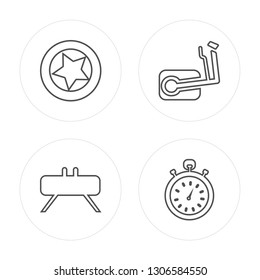 4 line Tire, Buck, Elliptical, Stopwatch modern icons on round shapes, Tire, Buck, Elliptical, Stopwatch vector illustration, trendy linear icon set.