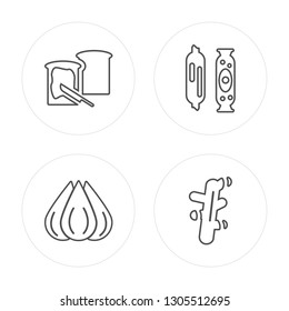 4 line Toast, Garlic, Salami, Ginger modern icons on round shapes, Toast, Garlic, Salami, Ginger vector illustration, trendy linear icon set.