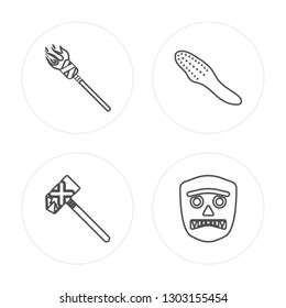 4 line Torch, Axe, Cudgel, Mask modern icons on round shapes, Torch, Axe, Cudgel, Mask vector illustration, trendy linear icon set.