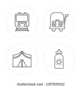 4 line Train, Tent, Bellhop, Sun cream modern icons on round shapes, Train, Tent, Bellhop, Sun cream vector illustration, trendy linear icon set.