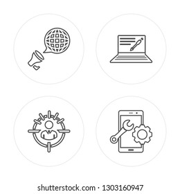 4 line Translation, Customer, Blogging, Smartphone modern icons on round shapes, Translation, Customer, Blogging, Smartphone vector illustration, trendy linear icon set.