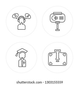 4 line Translator, Graduation, Presentation, Briefcase modern icons on round shapes, Translator, Graduation, Presentation, Briefcase vector illustration, trendy linear icon set.