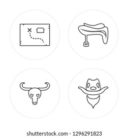 4 line Treasure map, Bull skull, Saddle, Bandit modern icons on round shapes, Treasure map, Bull skull, Saddle, Bandit vector illustration, trendy linear icon set.