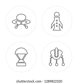 4 line UFO Flying, Capsule Parachute, Space Rocket, Space Lander modern icons on round shapes, UFO Flying, Capsule Parachute, Space Rocket, Space Lander vector illustration, trendy linear icon set.