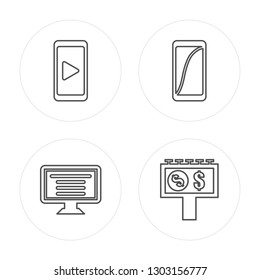 4 line Video player, Post, Smartphone, Billboard modern icons on round shapes, Video player, Post, Smartphone, Billboard vector illustration, trendy linear icon set.
